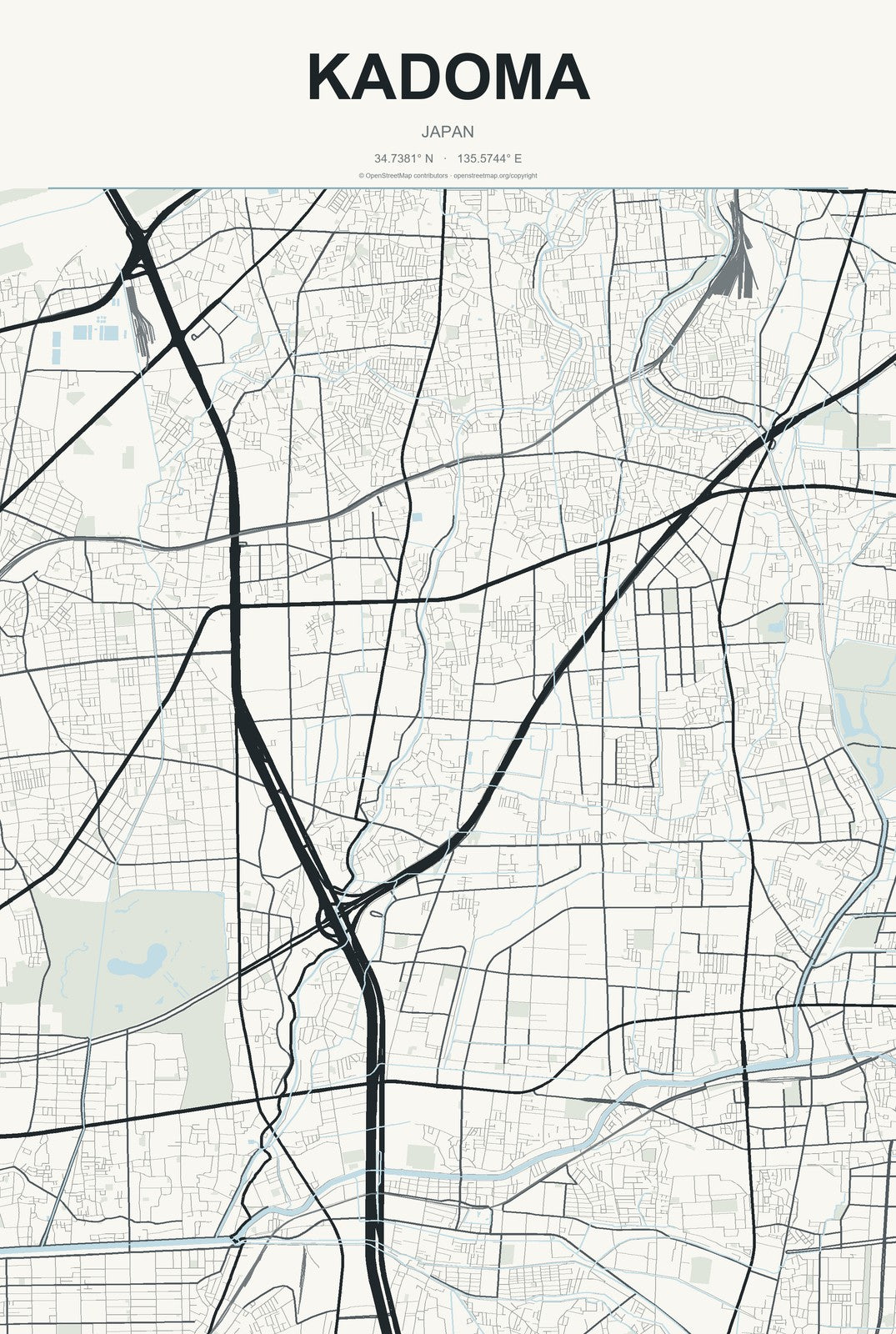 Kadoma, Japan City Map Aluminum Sign in Headline Atlas style