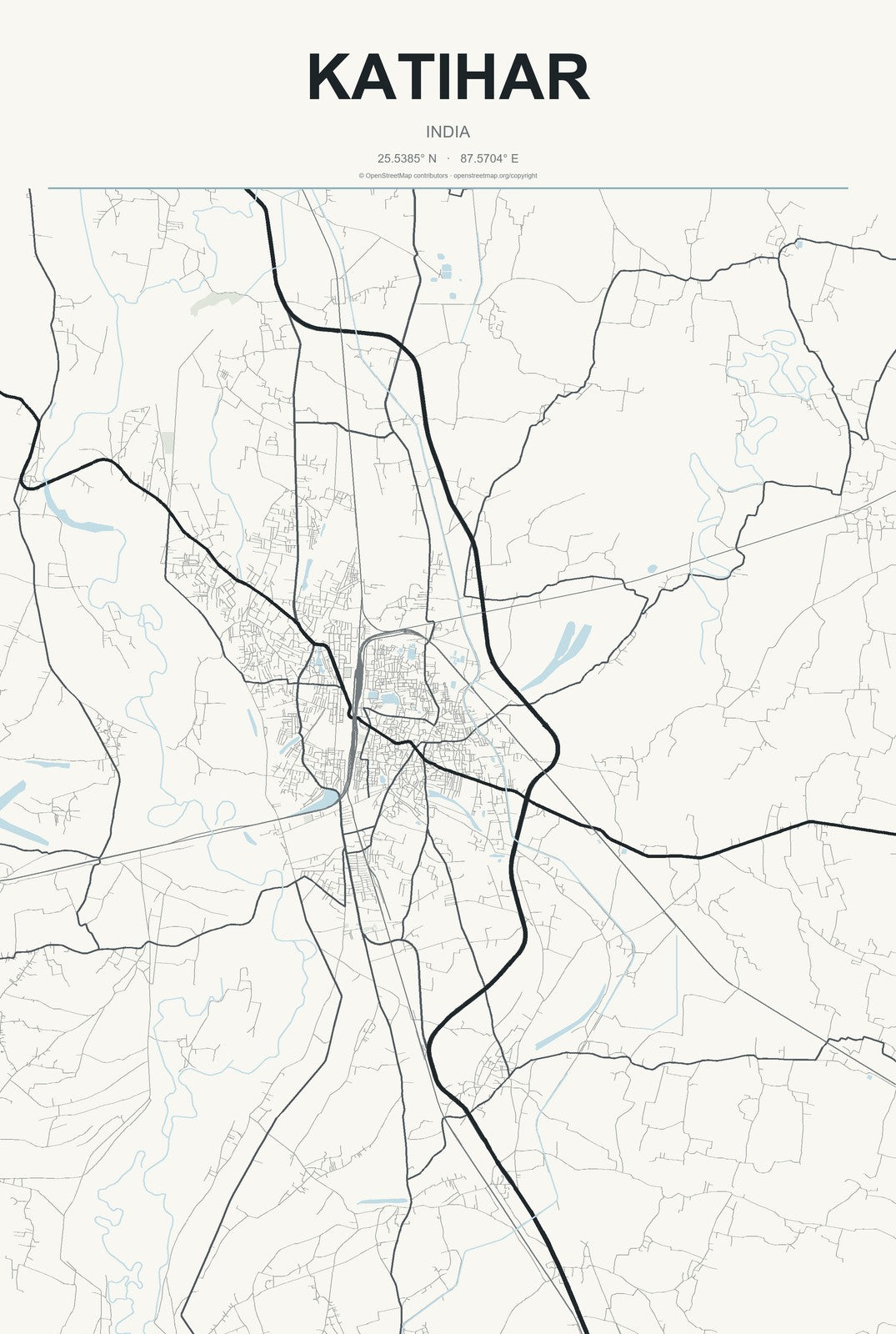 Katihar, India City Map Aluminum Sign in Headline Atlas style