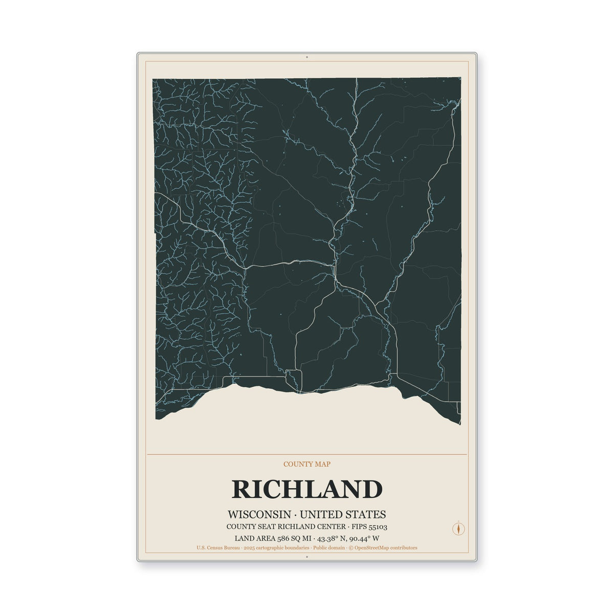 Richland County, Wisconsin Map Aluminum Sign in Headline Atlas style
