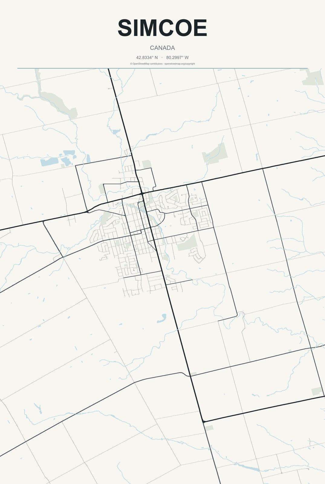 Simcoe, Canada City Map Aluminum Sign in Headline Atlas style