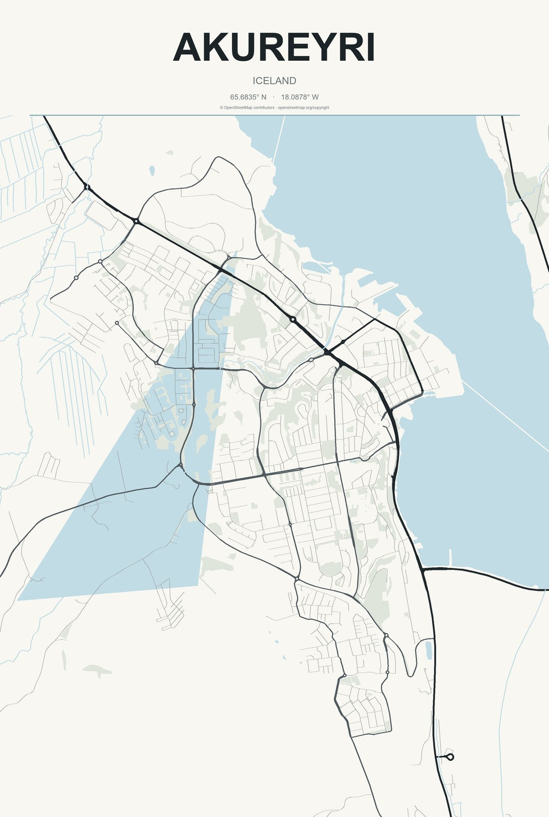 Akureyri, Iceland City Map Aluminum Sign in Headline Atlas style