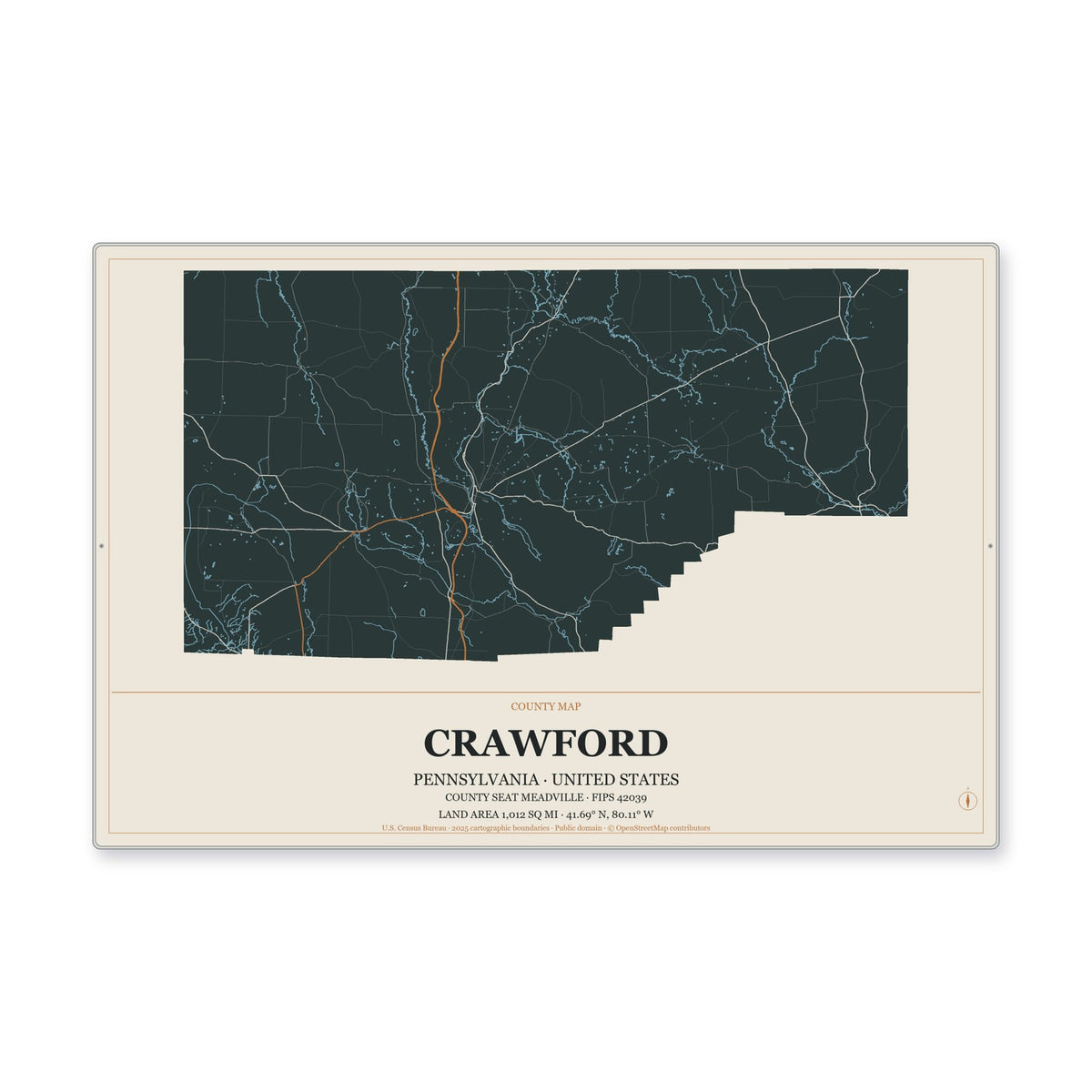 Crawford County, Pennsylvania Map Aluminum Sign in Headline Atlas style