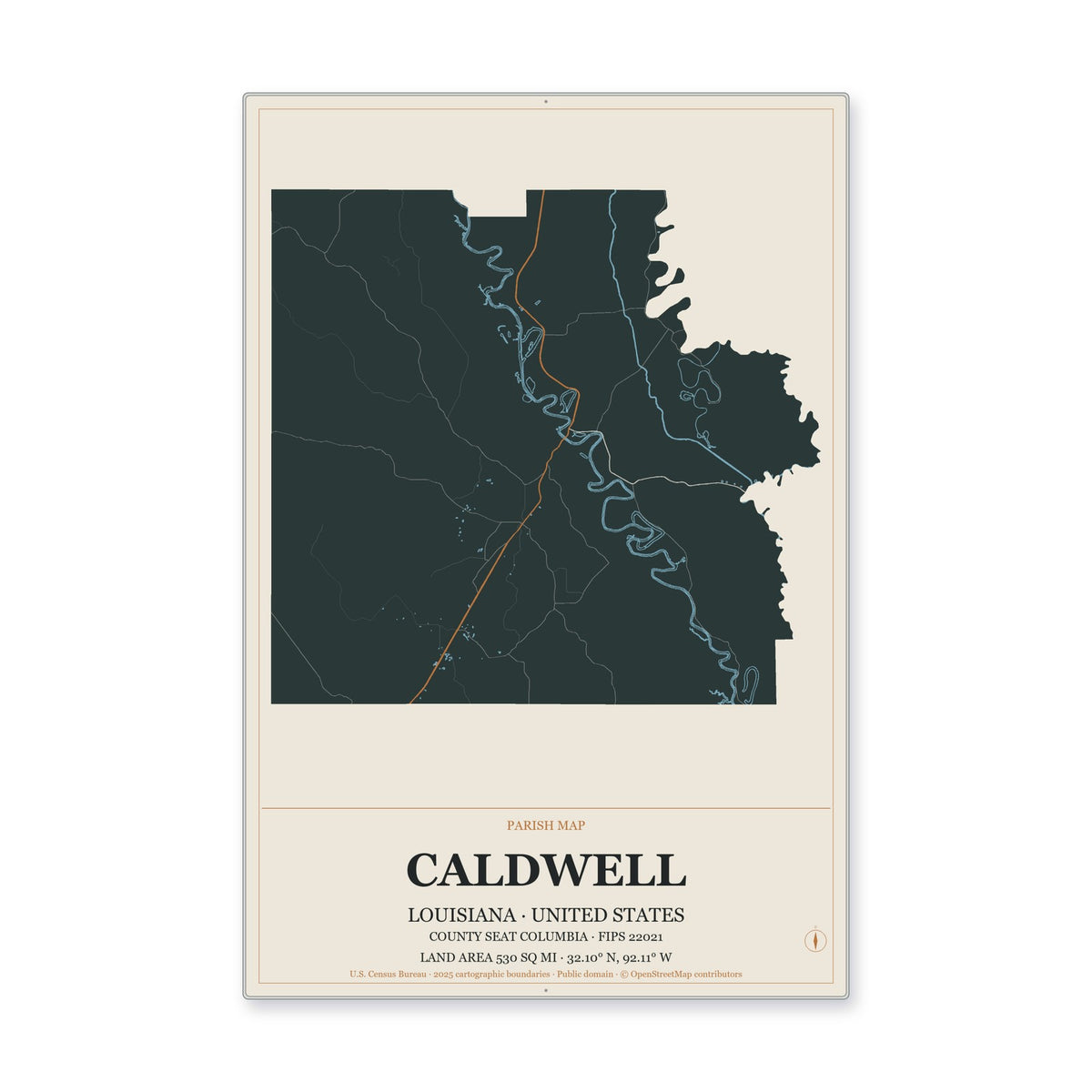 Caldwell Parish, Louisiana Map Aluminum Sign in Headline Atlas style