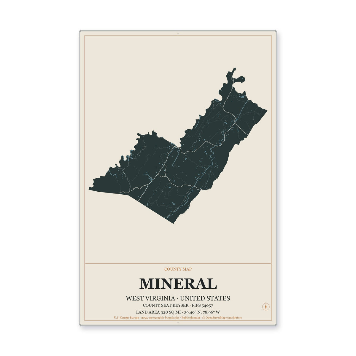 Mineral County, West Virginia Map Aluminum Sign in Headline Atlas style