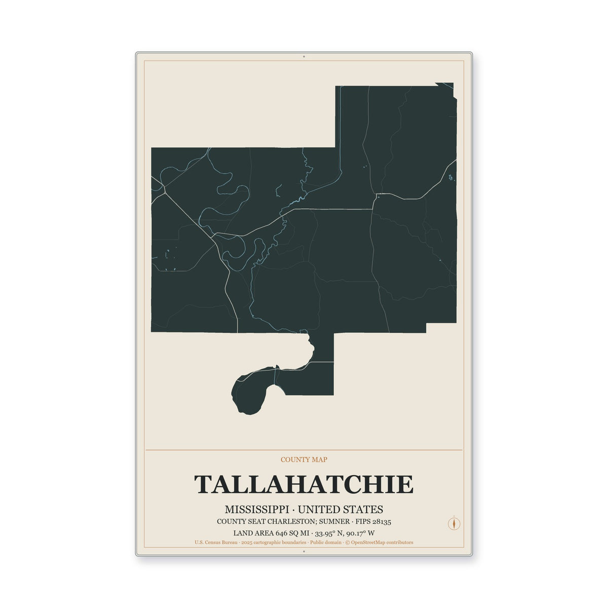 Tallahatchie County, Mississippi Map Aluminum Sign in Headline Atlas style
