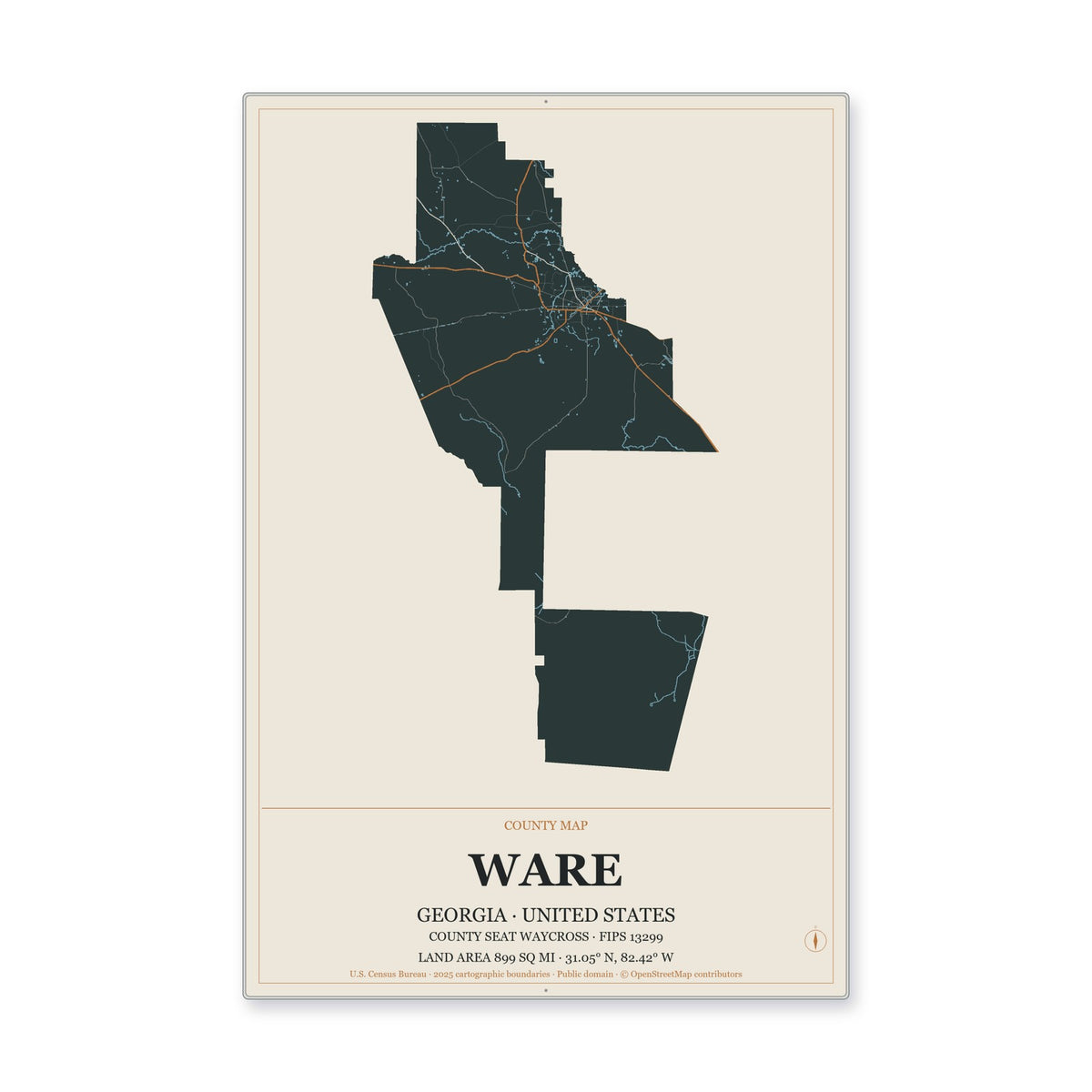 Ware County, Georgia Map Aluminum Sign in Headline Atlas style