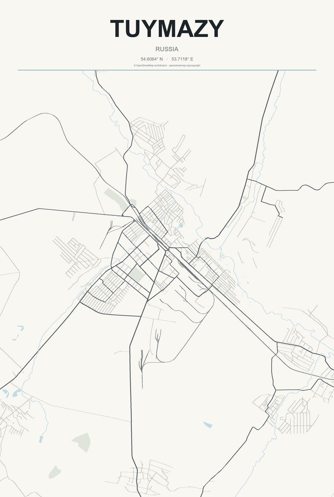 Tuymazy, Russia City Map Aluminum Sign in Headline Atlas style