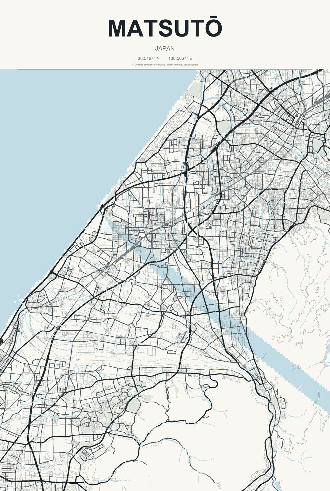 Matsutō, Japan City Map Aluminum Sign in Headline Atlas style
