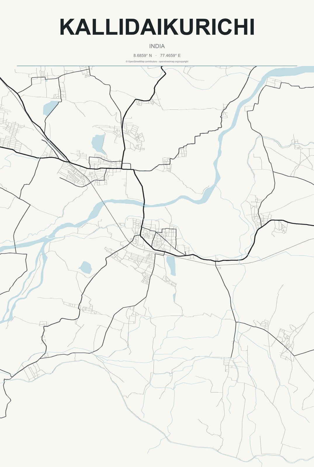 Kallidaikurichi, India City Map Aluminum Sign in Headline Atlas style