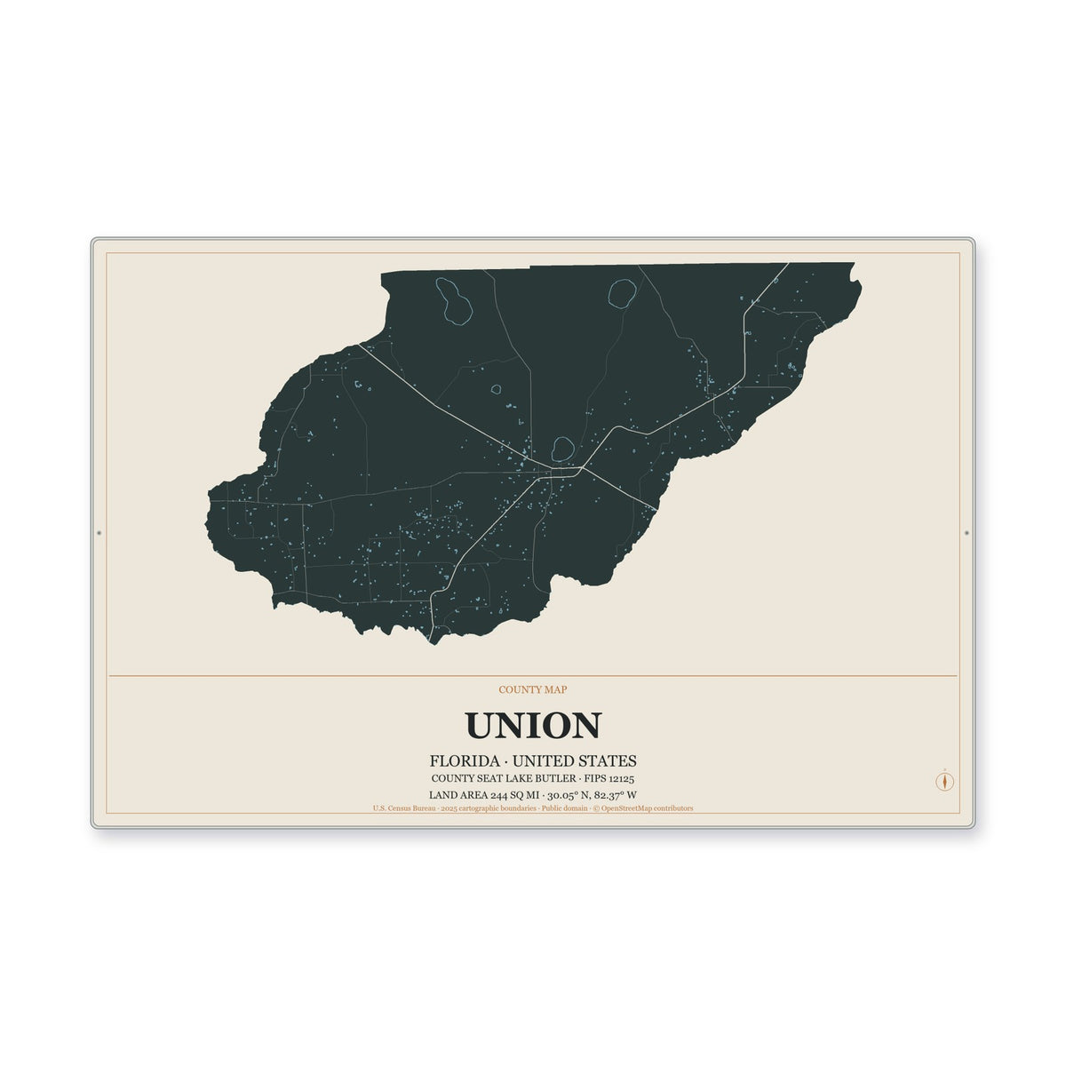 Union County, Florida Map Aluminum Sign in Headline Atlas style