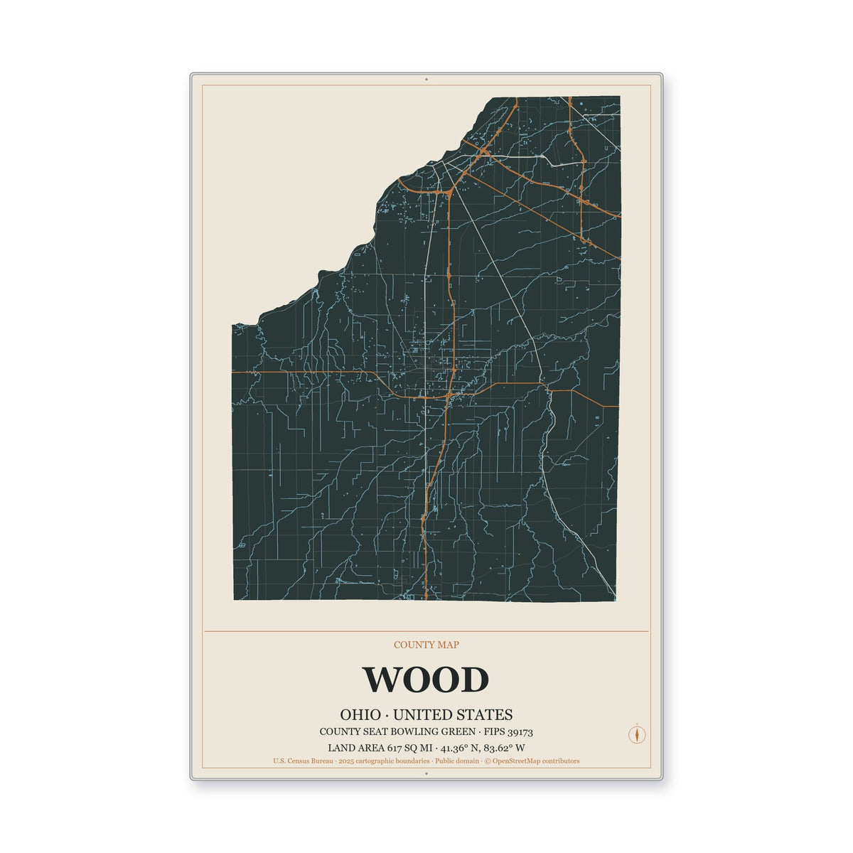 Wood County, Ohio Map Aluminum Sign in Headline Atlas style