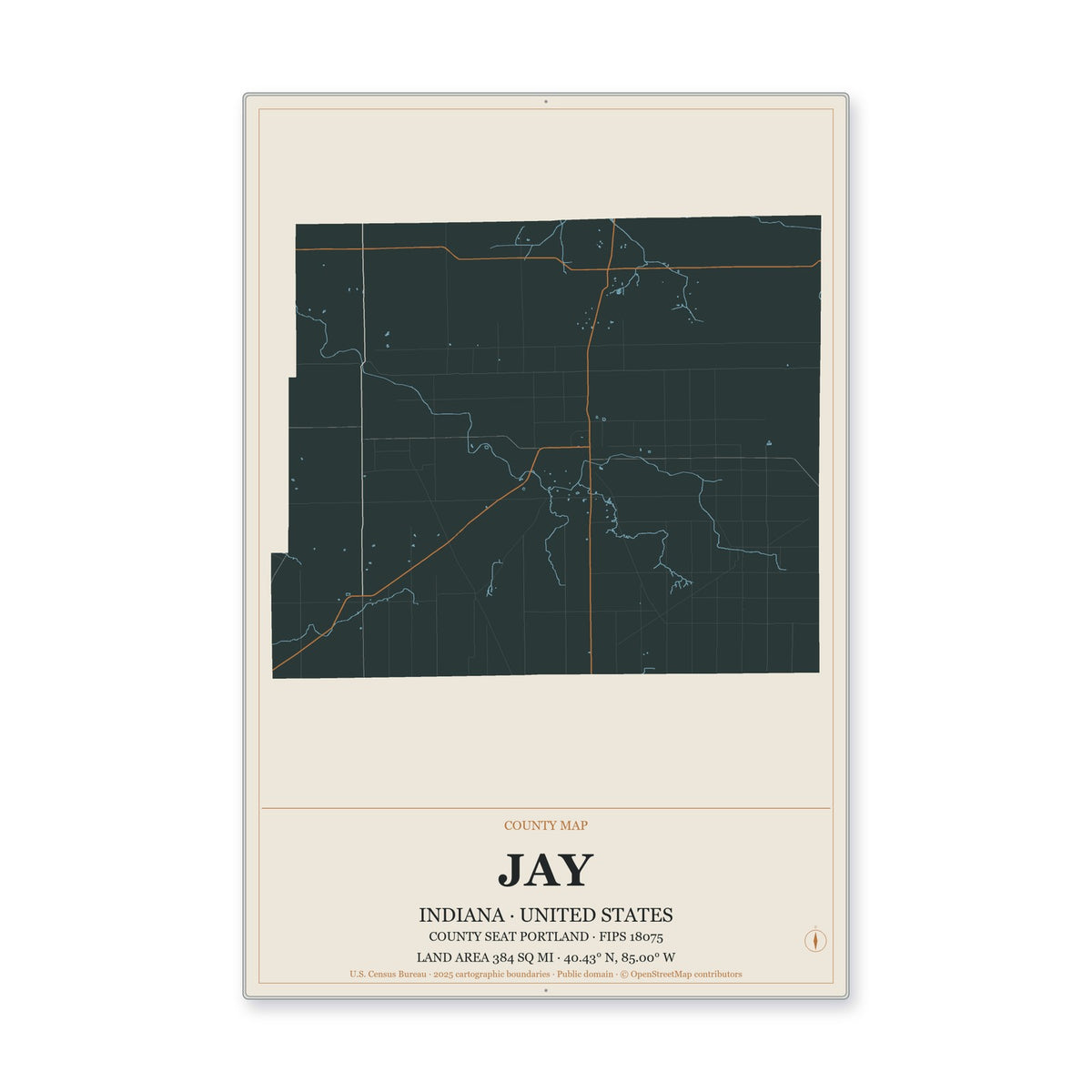 Jay County, Indiana Map Aluminum Sign in Headline Atlas style