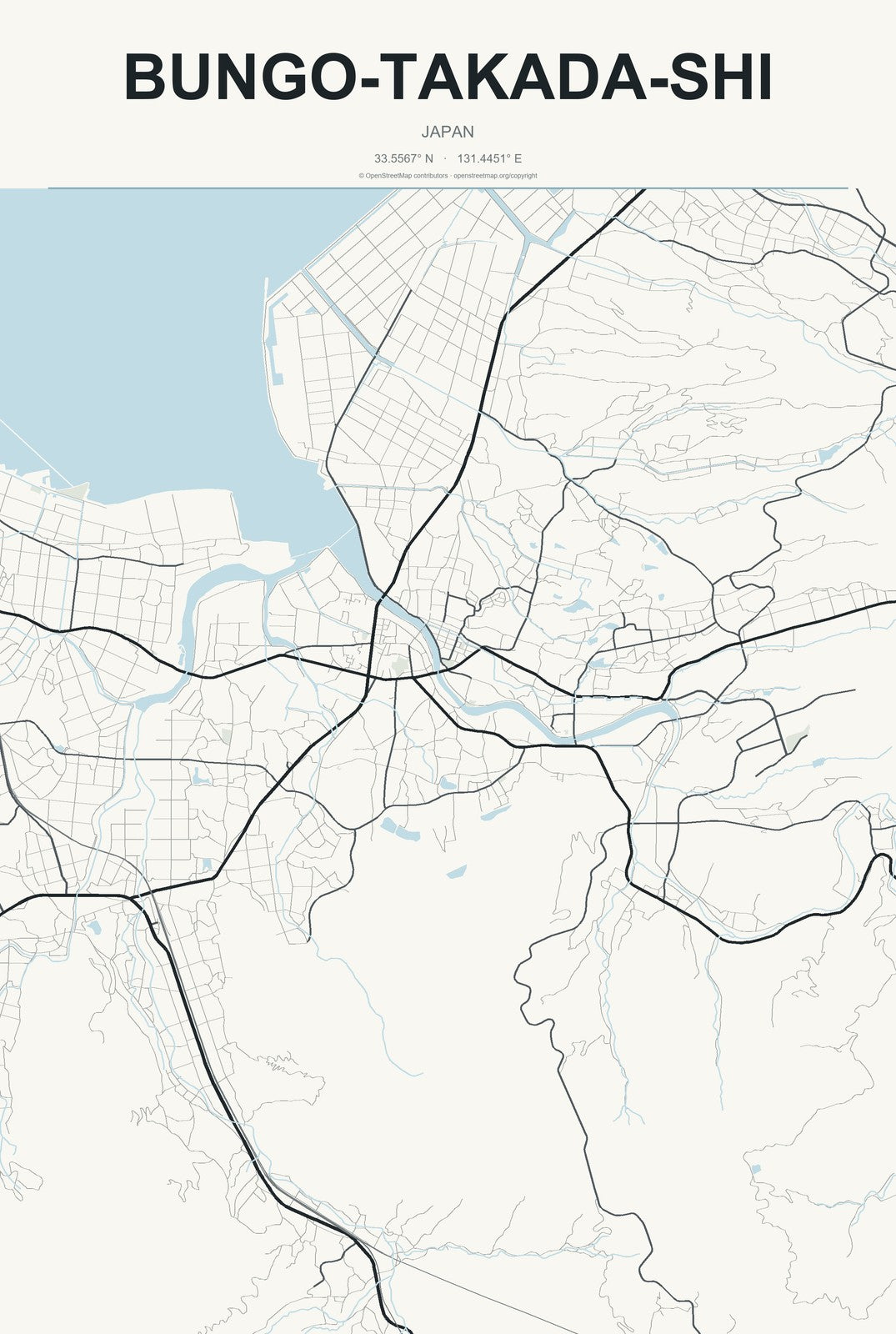 Bungo-Takada-shi, Japan City Map Aluminum Sign in Headline Atlas style