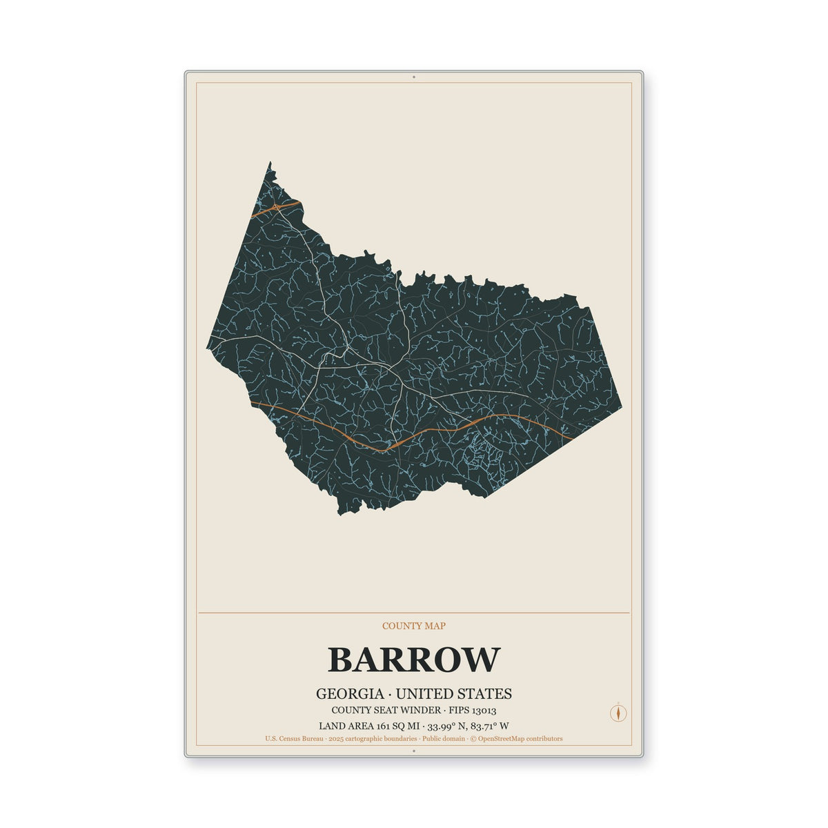 Barrow County, Georgia Map Aluminum Sign in Headline Atlas style