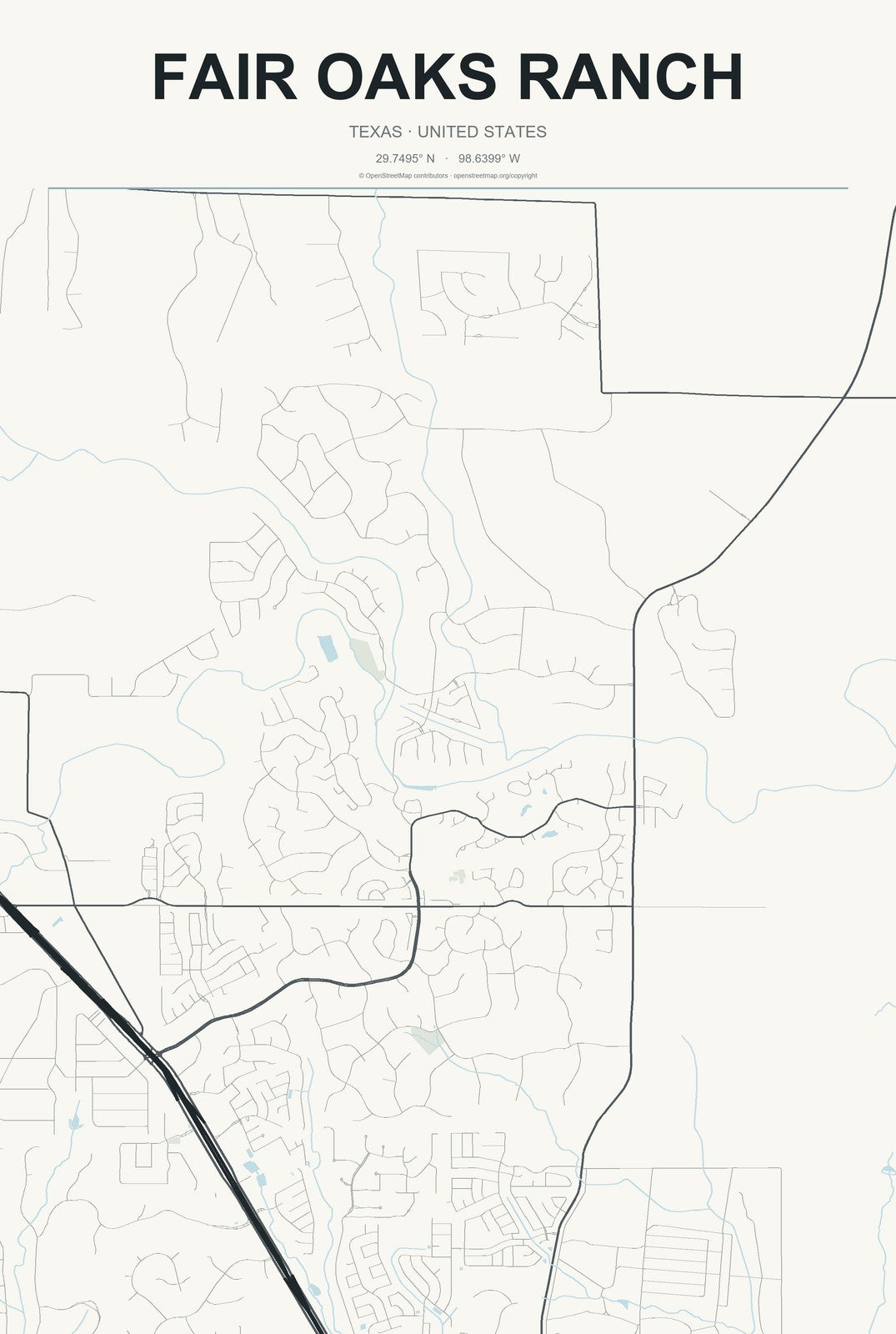 Fair Oaks Ranch, Texas City Map Aluminum Sign in Headline Atlas style