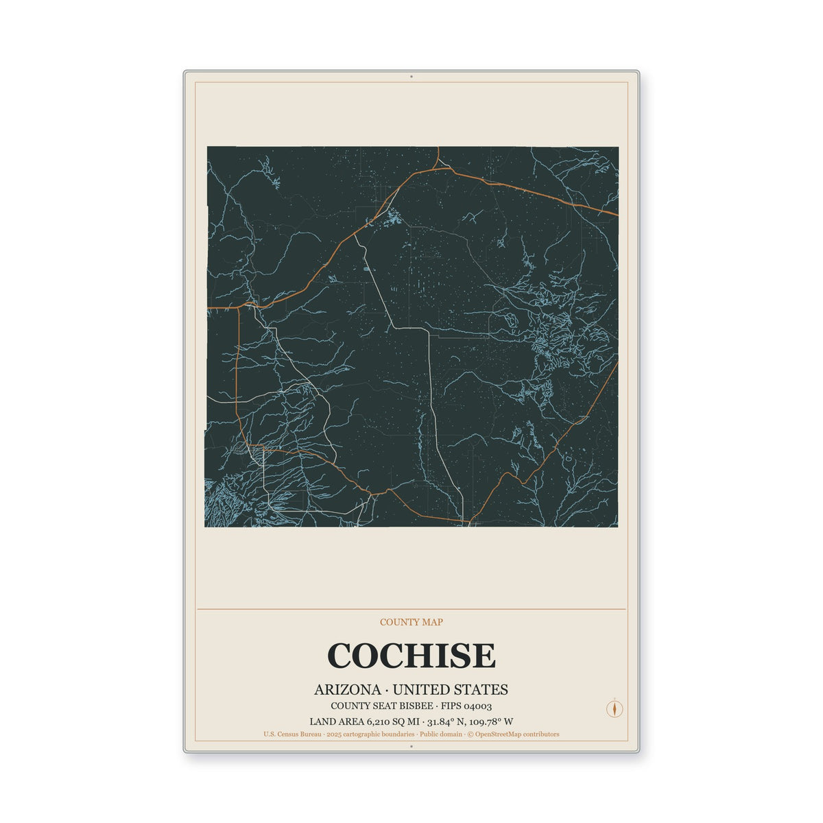 Cochise County, Arizona Map Aluminum Sign in Headline Atlas style