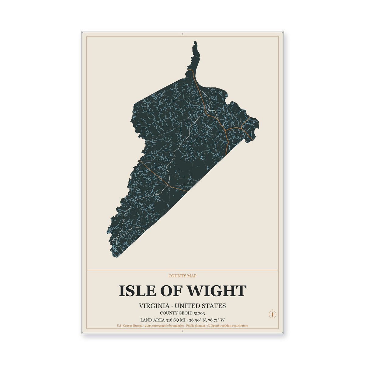 Isle of Wight County, Virginia Map Aluminum Sign in Headline Atlas style