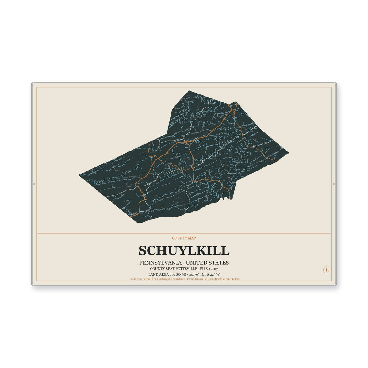 Schuylkill County, Pennsylvania Map Aluminum Sign in Headline Atlas style