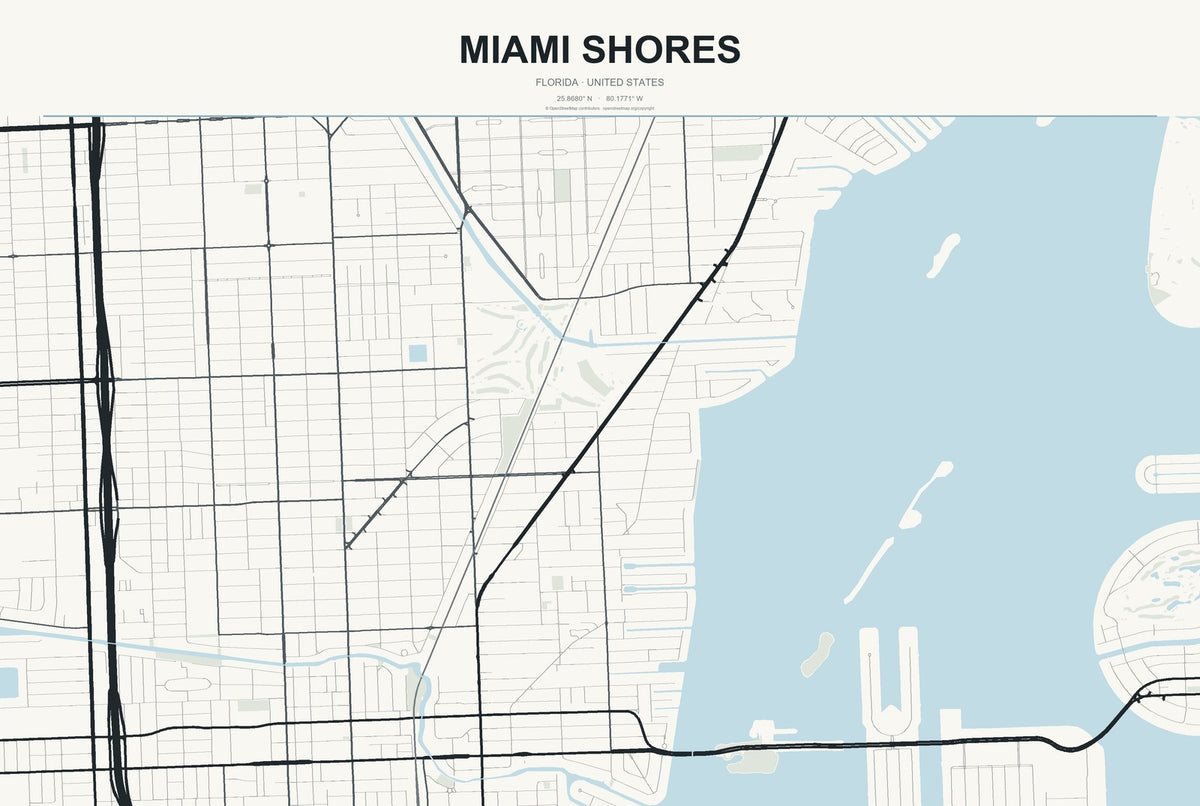Miami Shores, Florida City Map Aluminum Sign in Headline Atlas style