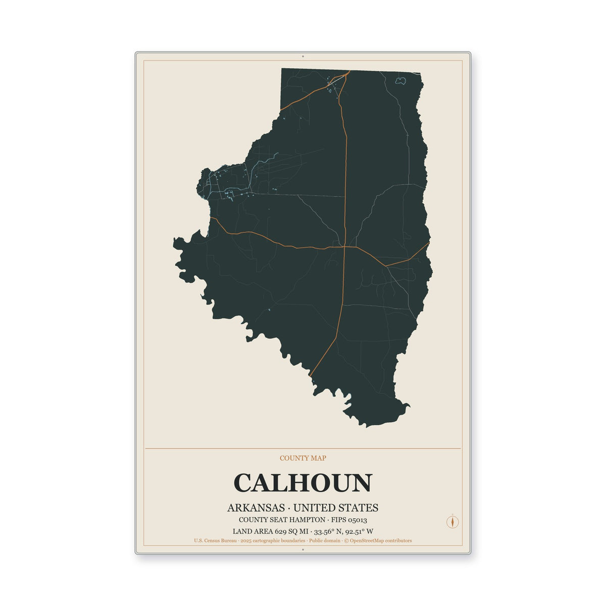Calhoun County, Arkansas Map Aluminum Sign in Headline Atlas style