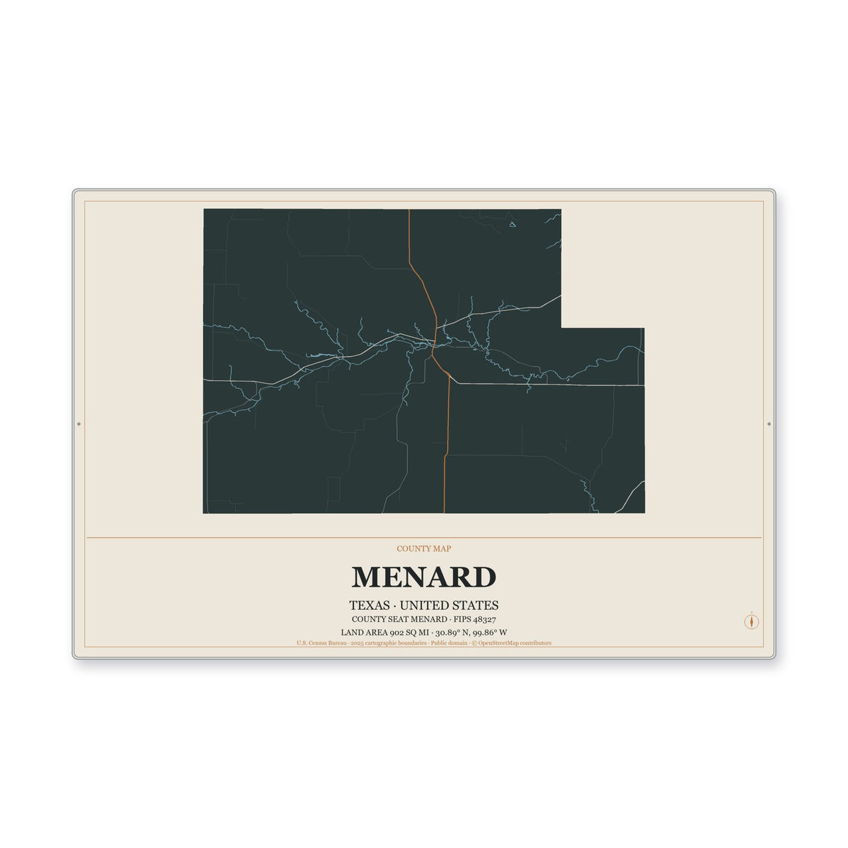 Menard County, Texas Map Aluminum Sign in Headline Atlas style