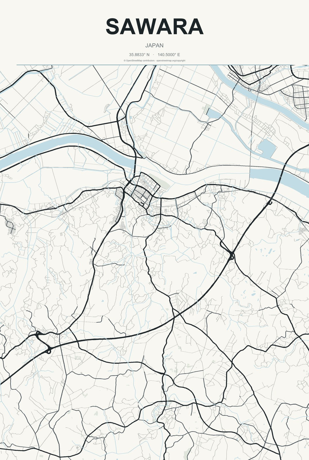 Sawara, Japan City Map Aluminum Sign in Headline Atlas style