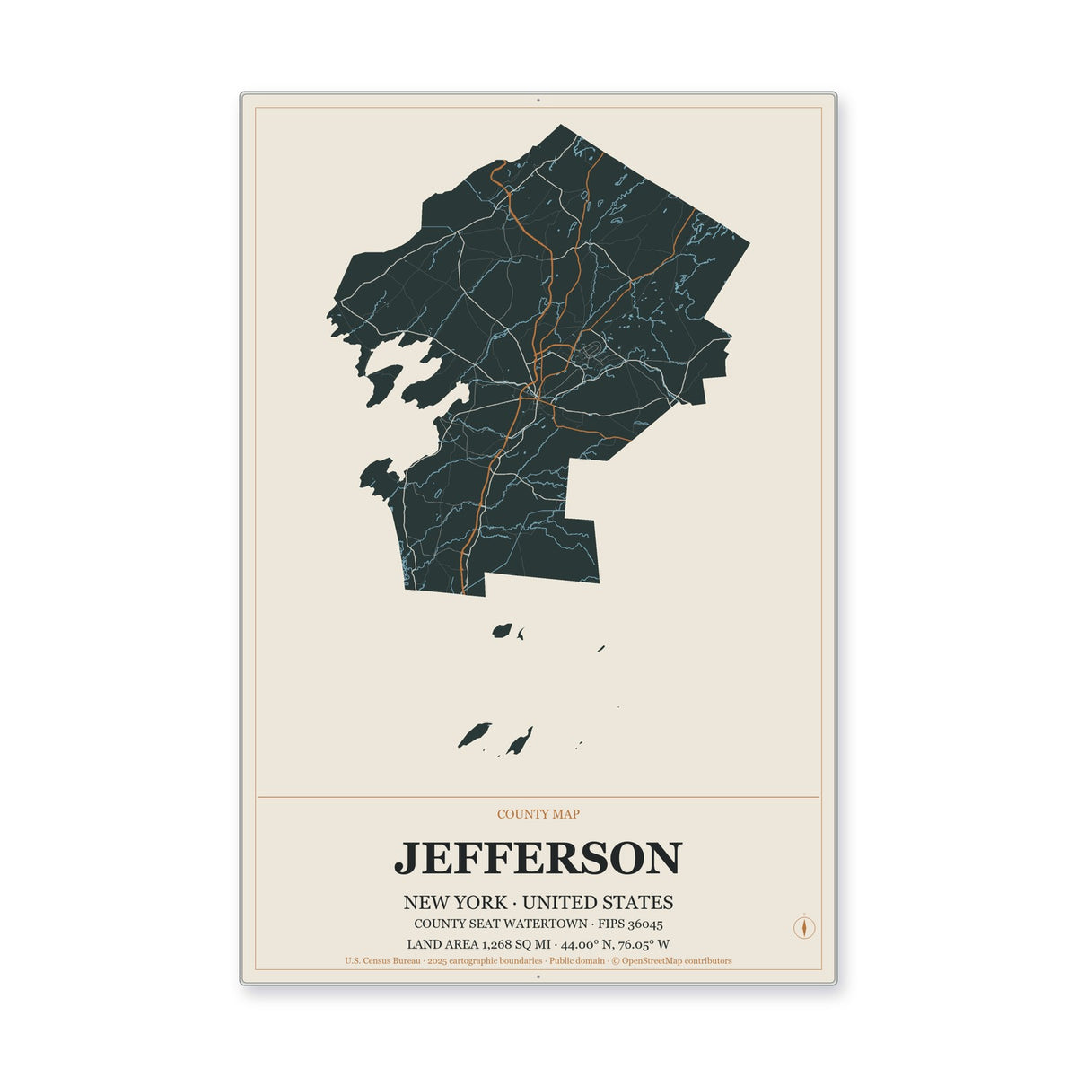 Jefferson County, New York Map Aluminum Sign in Headline Atlas style