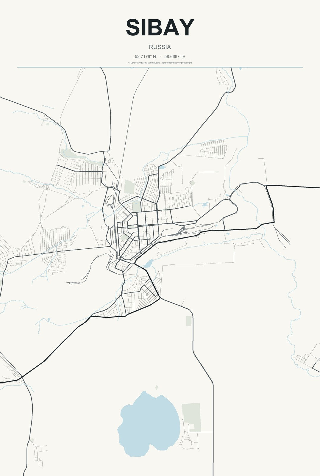 Sibay, Russia City Map Aluminum Sign in Headline Atlas style