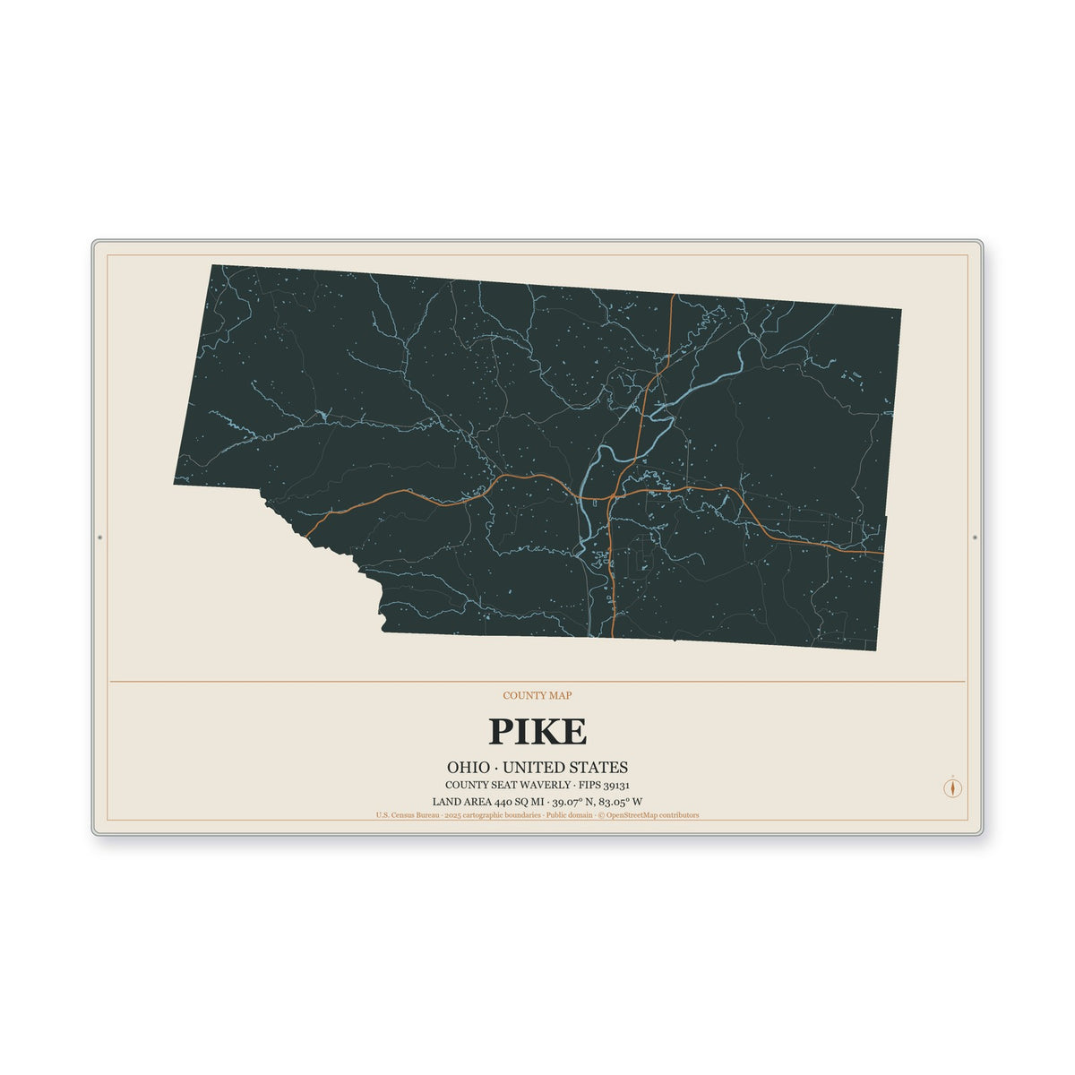 Pike County, Ohio Map Aluminum Sign in Headline Atlas style