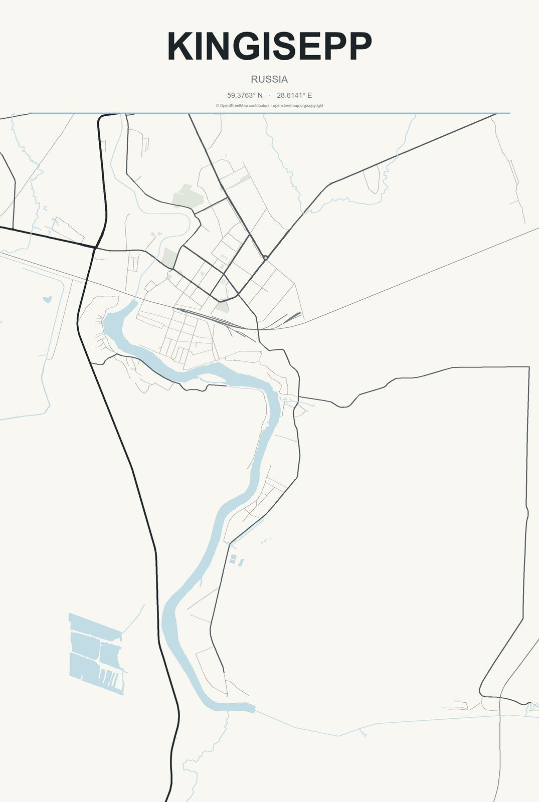 Kingisepp, Russia City Map Aluminum Sign in Headline Atlas style