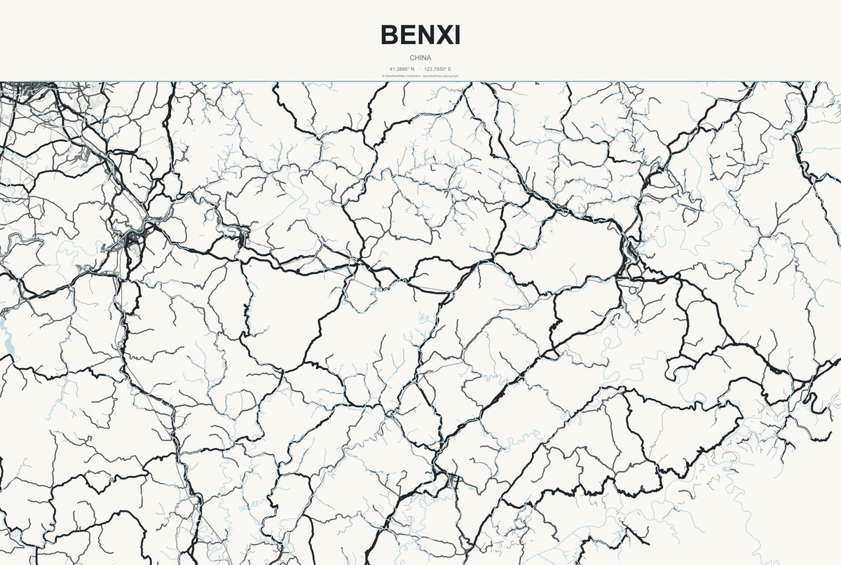 Benxi, China City Map Aluminum Sign in Headline Atlas style