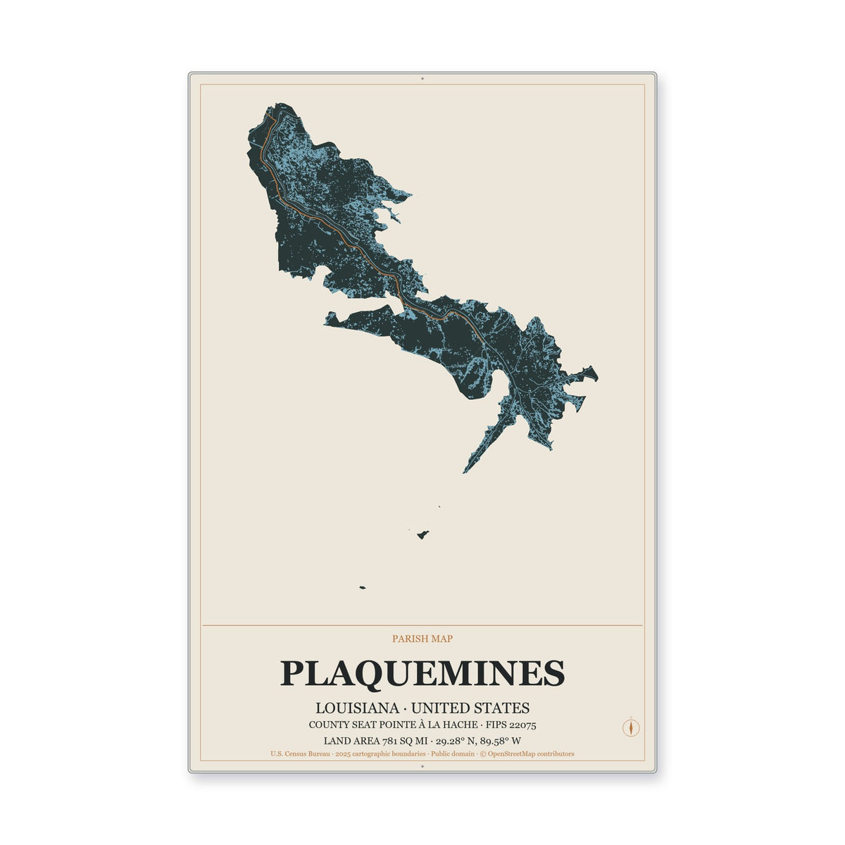 Plaquemines Parish, Louisiana Map Aluminum Sign in Headline Atlas style