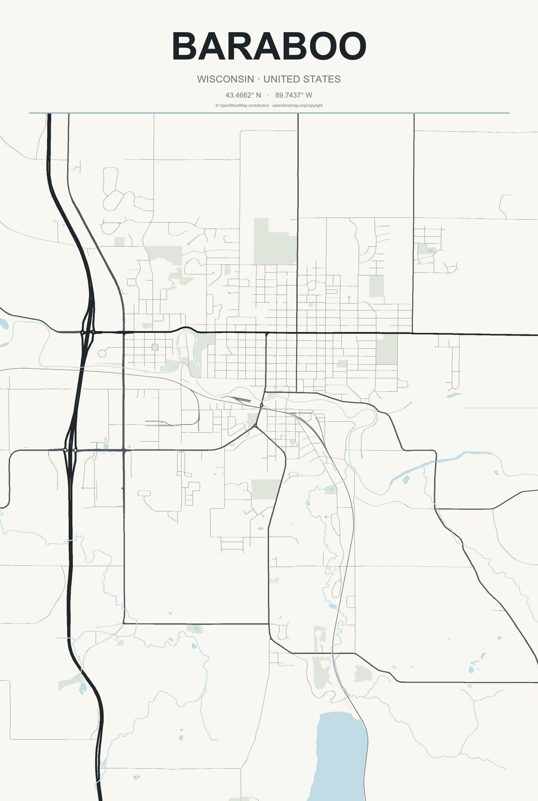 Baraboo, Wisconsin City Map Aluminum Sign in Headline Atlas style