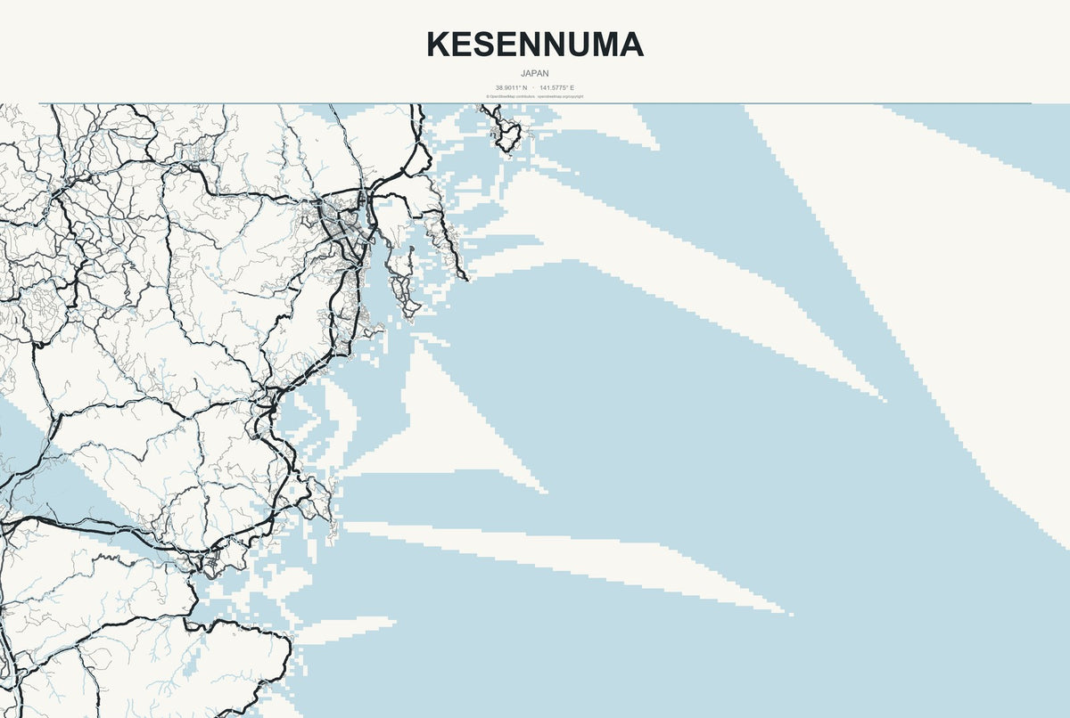 Kesennuma, Japan City Map Aluminum Sign in Headline Atlas style