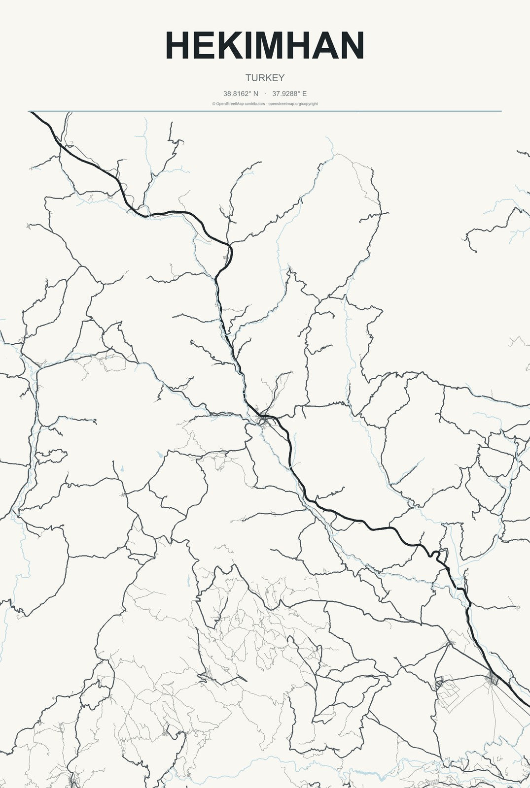 Hekimhan, Turkey City Map Aluminum Sign in Headline Atlas style