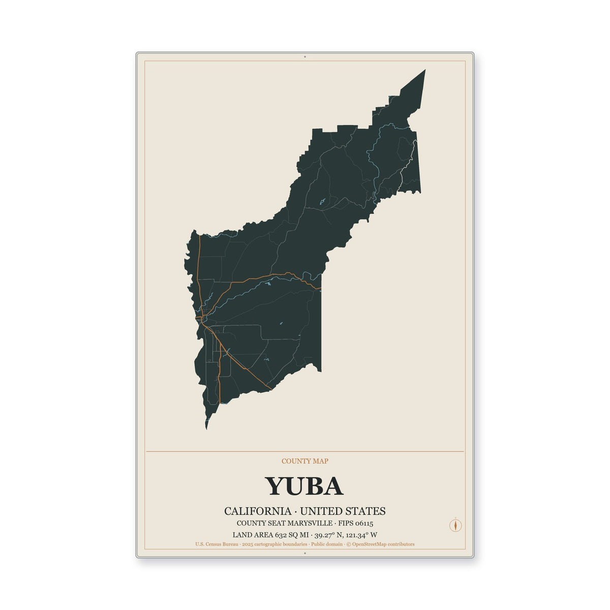 Yuba County, California Map Aluminum Sign in Headline Atlas style