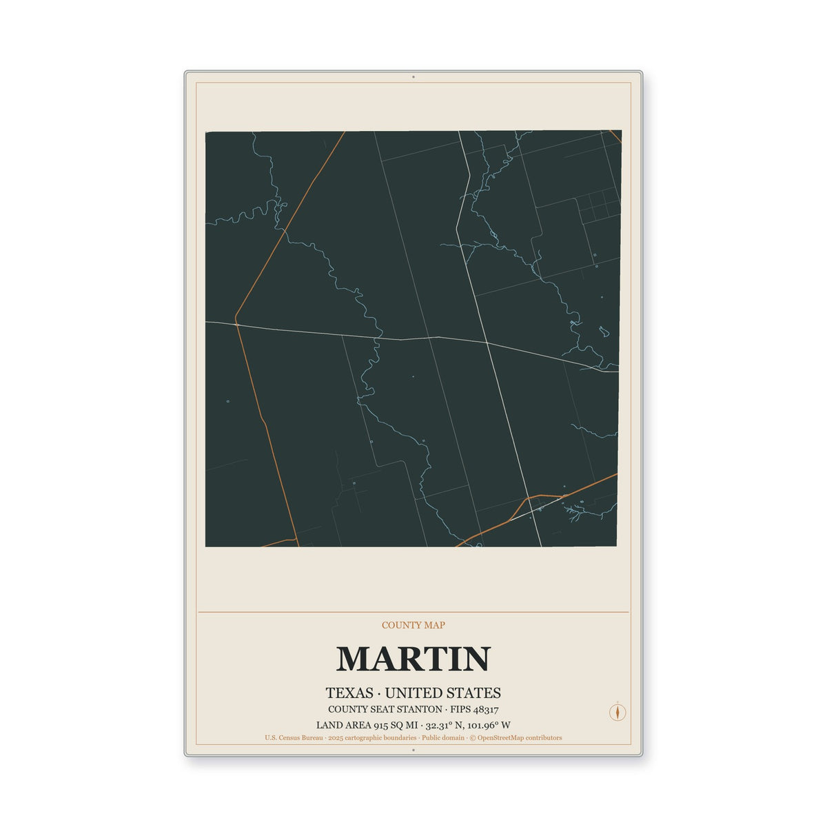 Martin County, Texas Map Aluminum Sign in Headline Atlas style