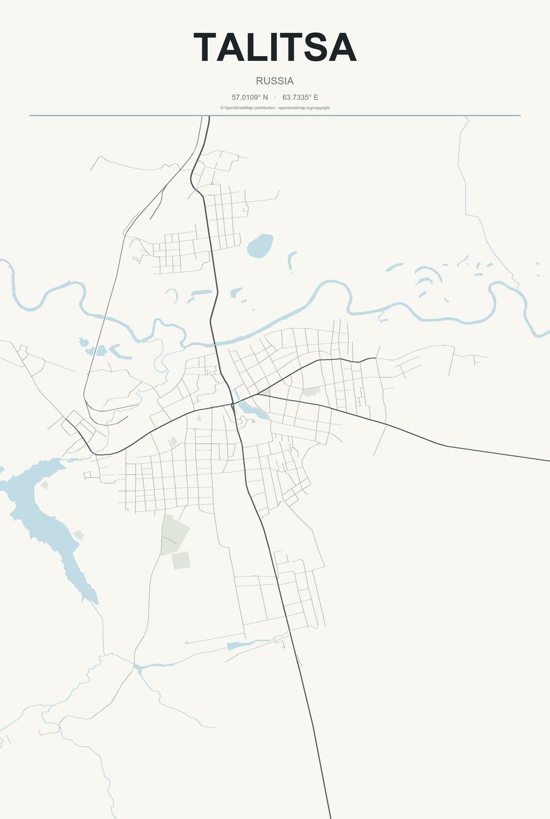 Talitsa, Russia City Map Aluminum Sign in Headline Atlas style