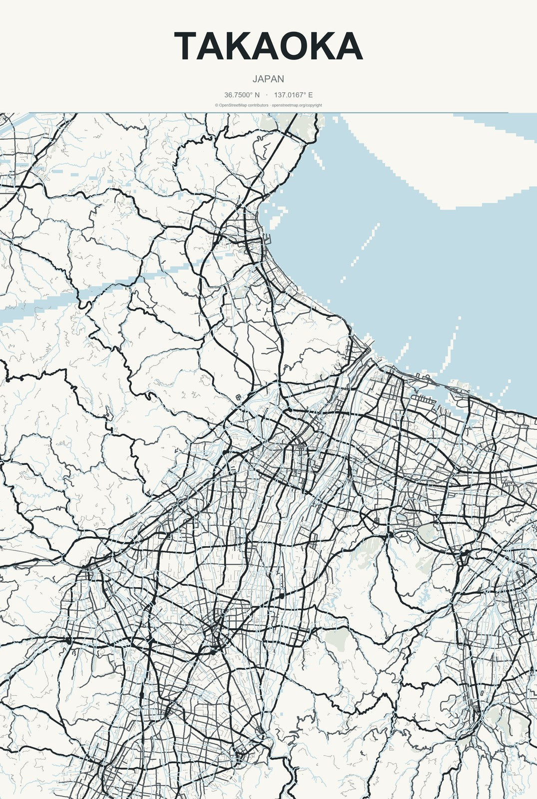 Takaoka, Japan City Map Aluminum Sign in Headline Atlas style