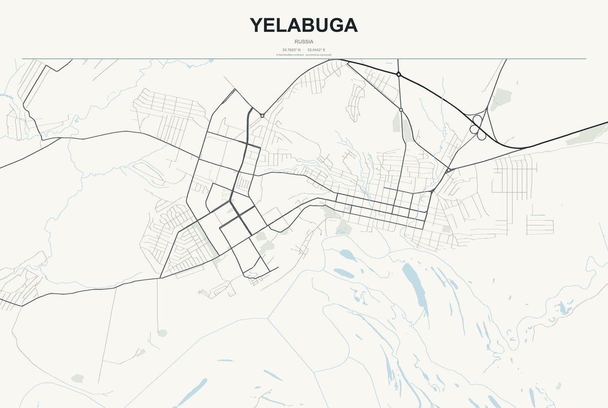 Yelabuga, Russia City Map Aluminum Sign in Headline Atlas style