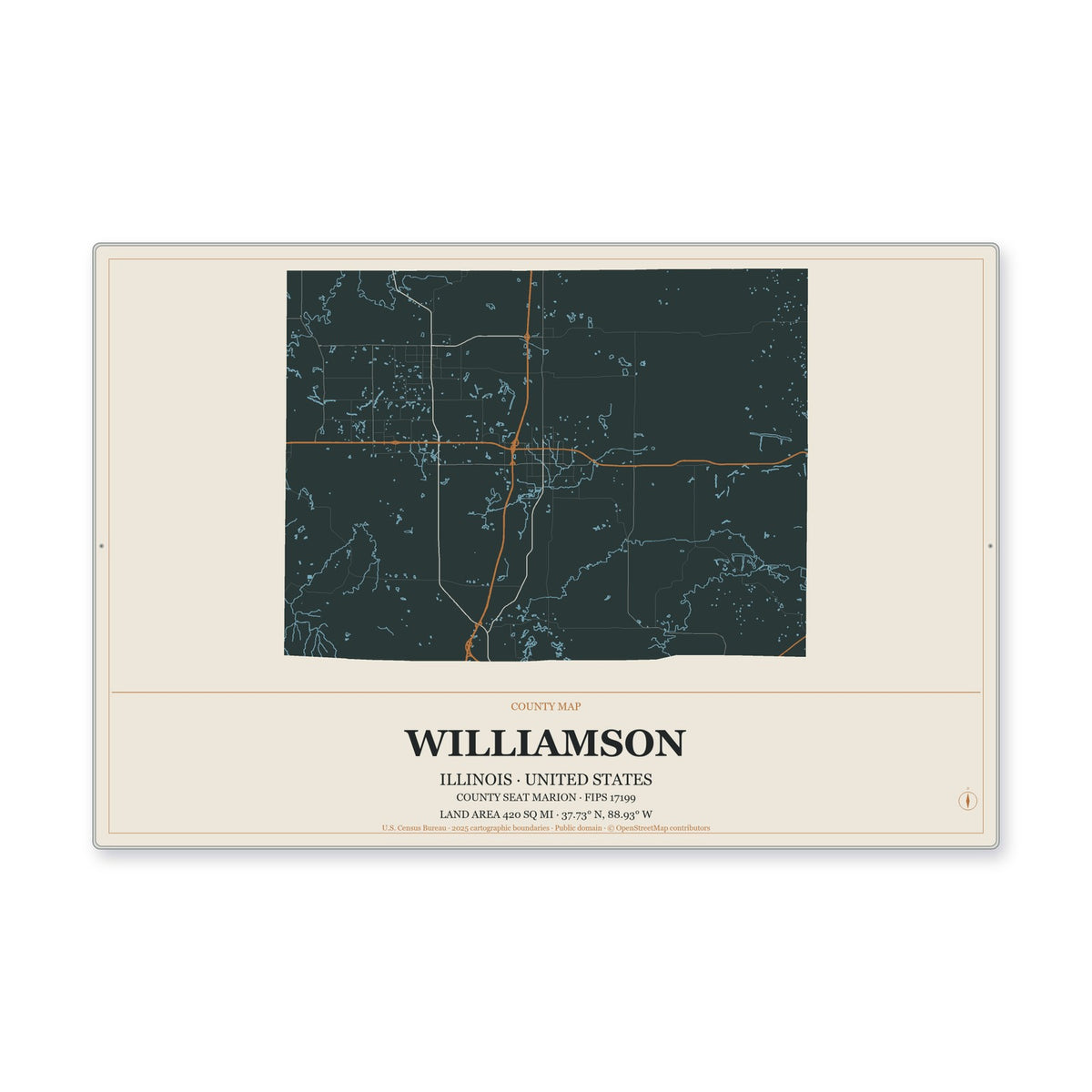Williamson County, Illinois Map Aluminum Sign in Headline Atlas style