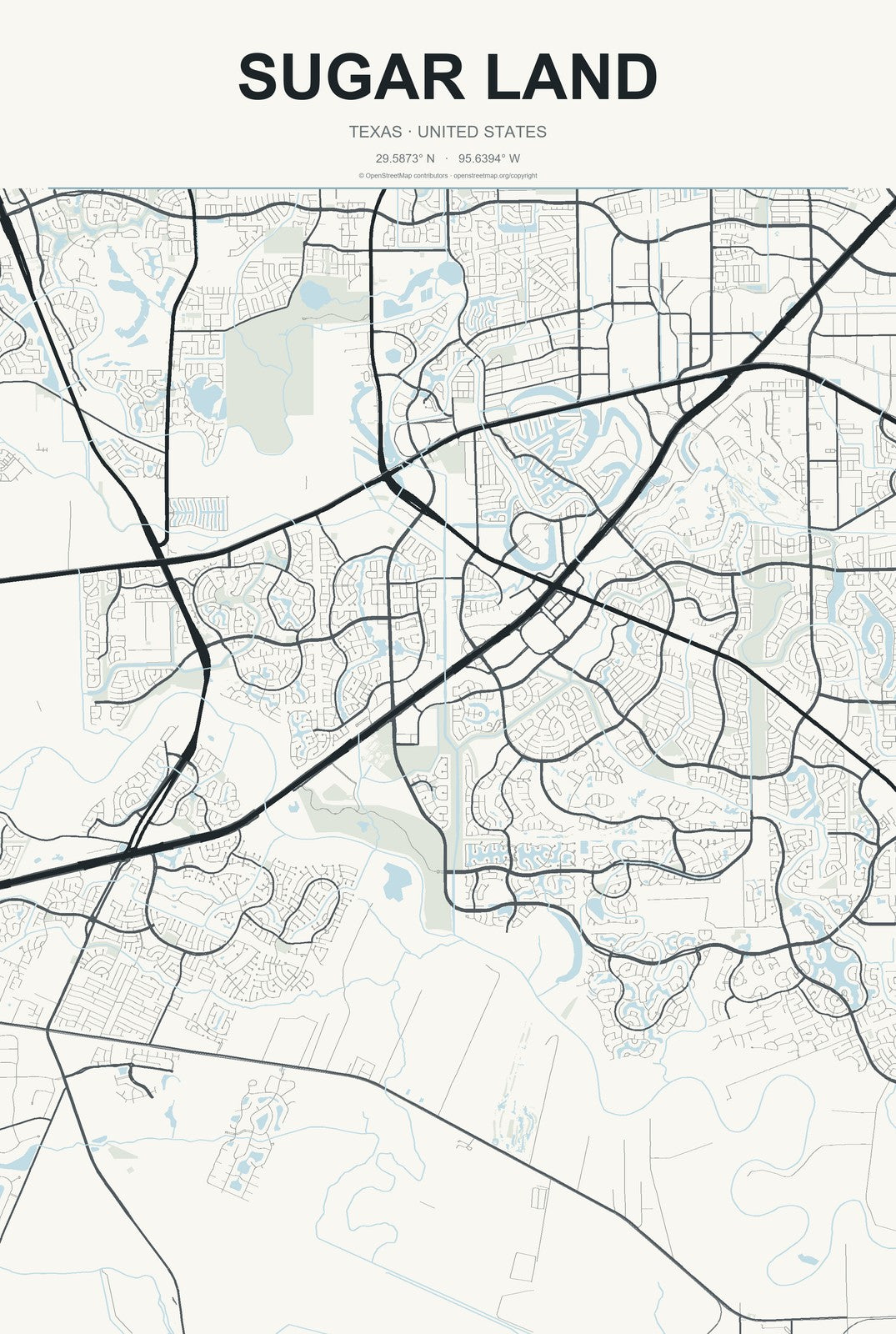 Sugar Land, Texas City Map Aluminum Sign in Headline Atlas style