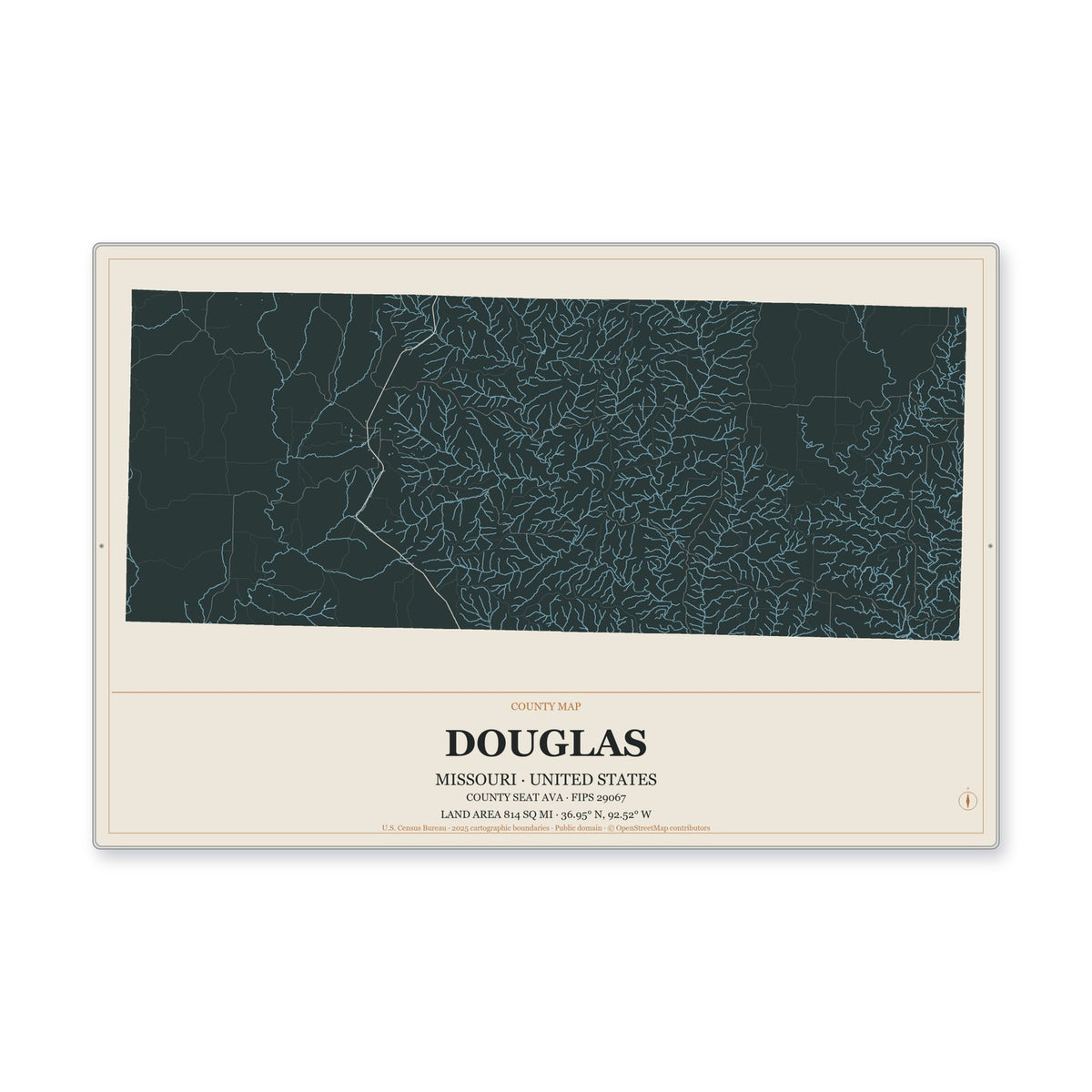 Douglas County, Missouri Map Aluminum Sign in Headline Atlas style