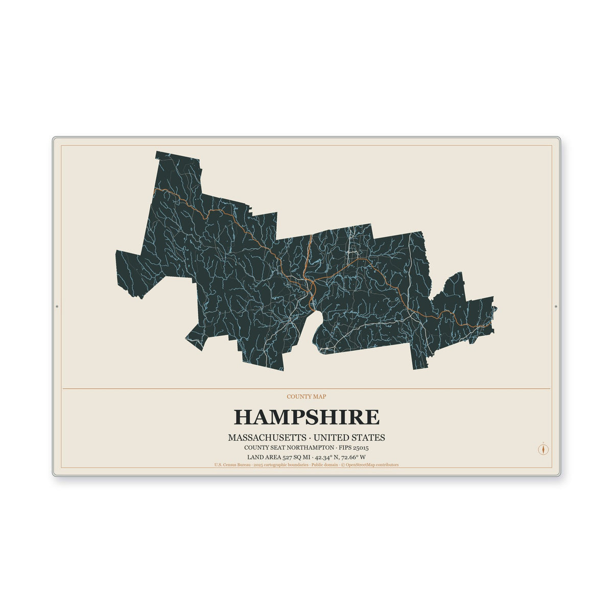 Hampshire County, Massachusetts Map Aluminum Sign in Headline Atlas style