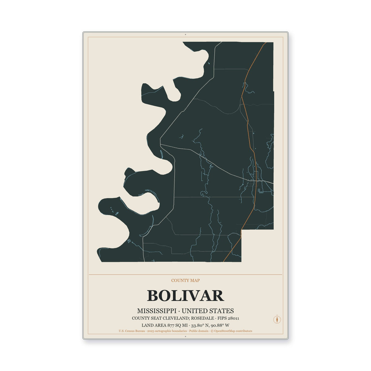 Bolivar County, Mississippi Map Aluminum Sign in Headline Atlas style