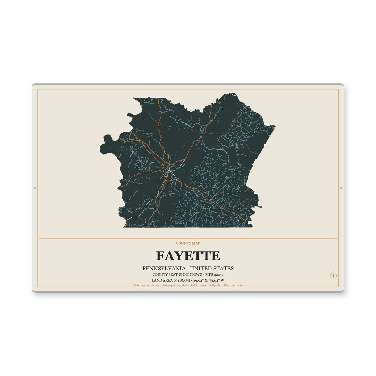 Fayette County, Pennsylvania Map Aluminum Sign in Headline Atlas style