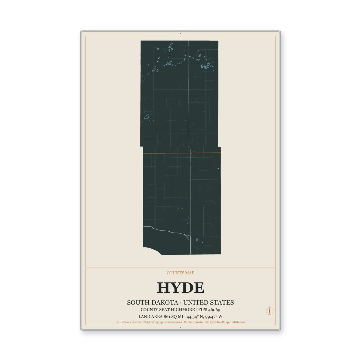 Hyde County, South Dakota Map Aluminum Sign in Headline Atlas style