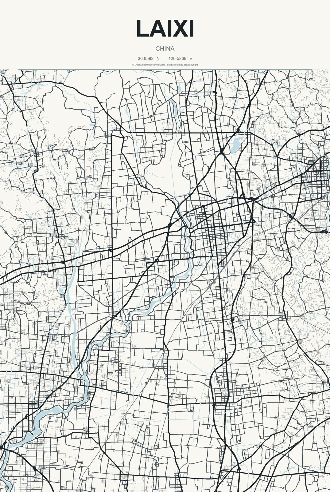 Laixi, China City Map Aluminum Sign in Headline Atlas style