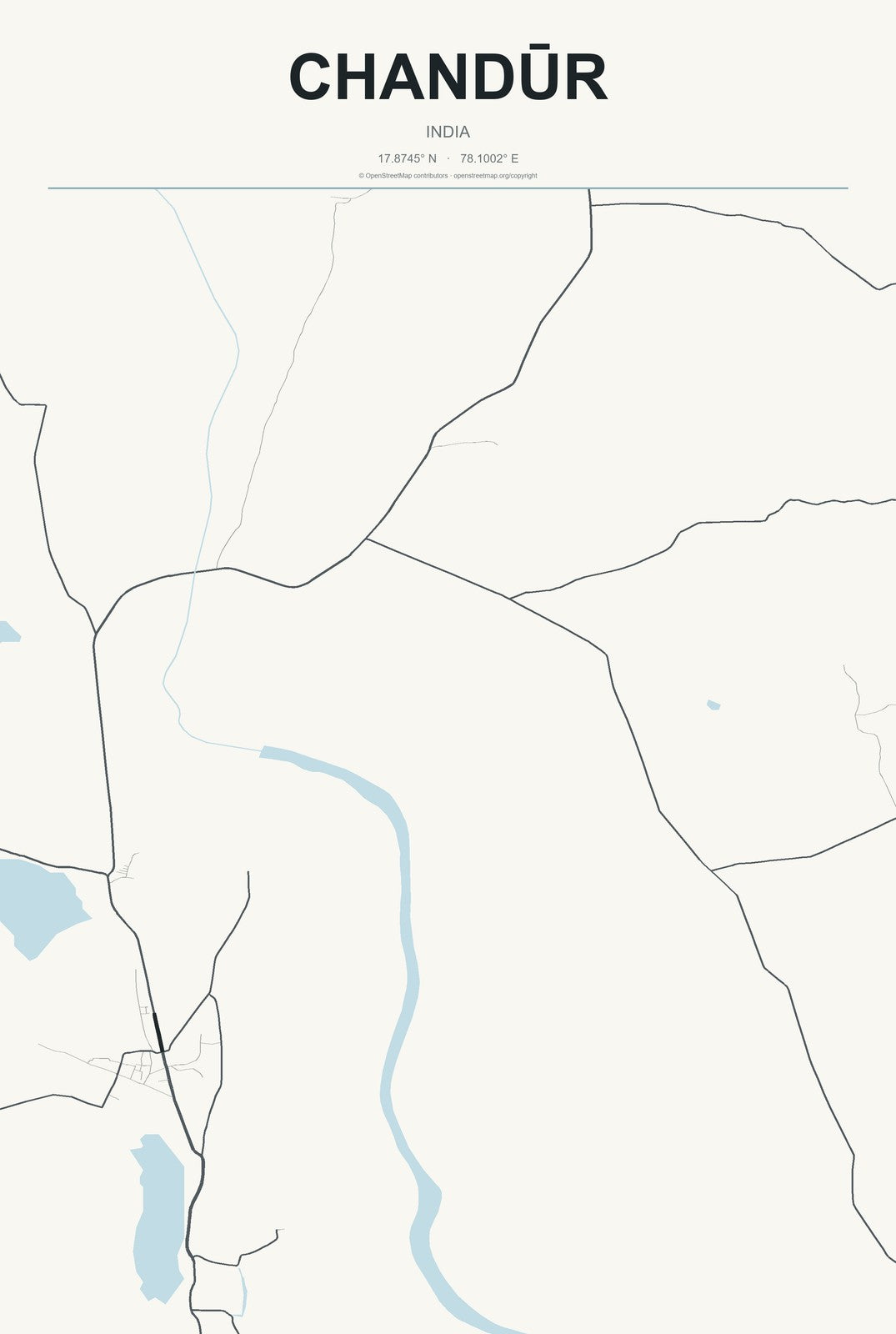 Chandūr, India City Map Aluminum Sign in Headline Atlas style
