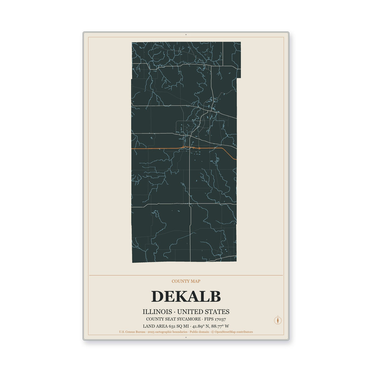 DeKalb County, Illinois Map Aluminum Sign in Headline Atlas style
